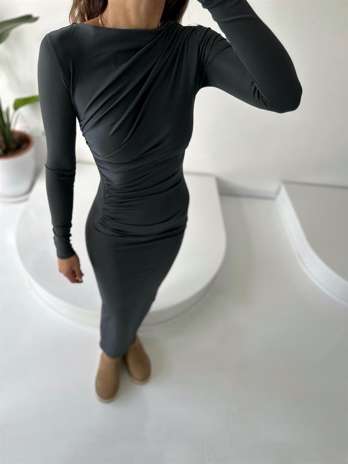 Tokyo Antrasit Gri Drapeli Maxi Elbise