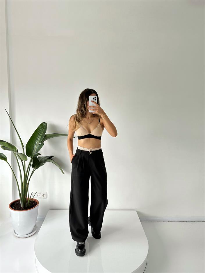 Tyra Siyah Tasarım Çift Bel Bantlı Kemer Detaylı Pantolon