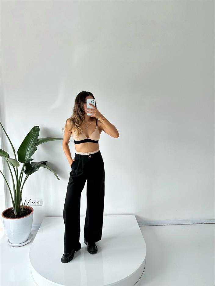 Tyra Siyah Tasarım Çift Bel Bantlı Kemer Detaylı Pantolon