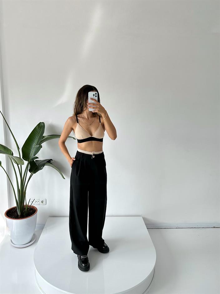 Tyra Siyah Tasarım Çift Bel Bantlı Kemer Detaylı Pantolon