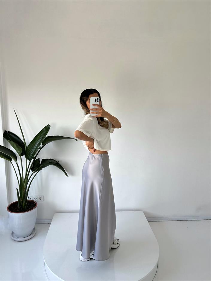 Vina Gri Saten Maxi Etek