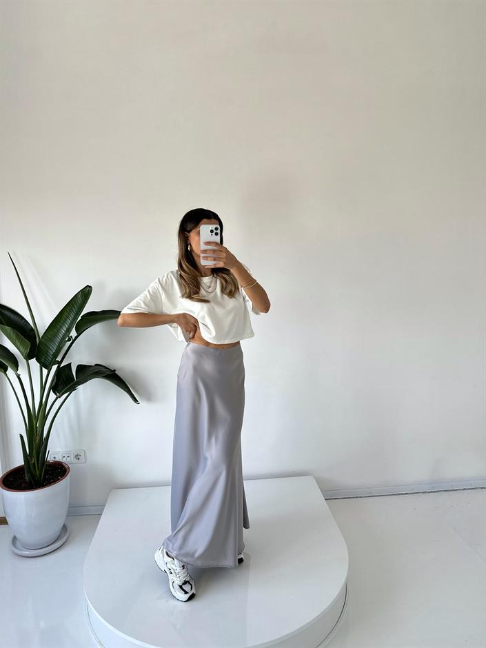 Vina Gri Saten Maxi Etek