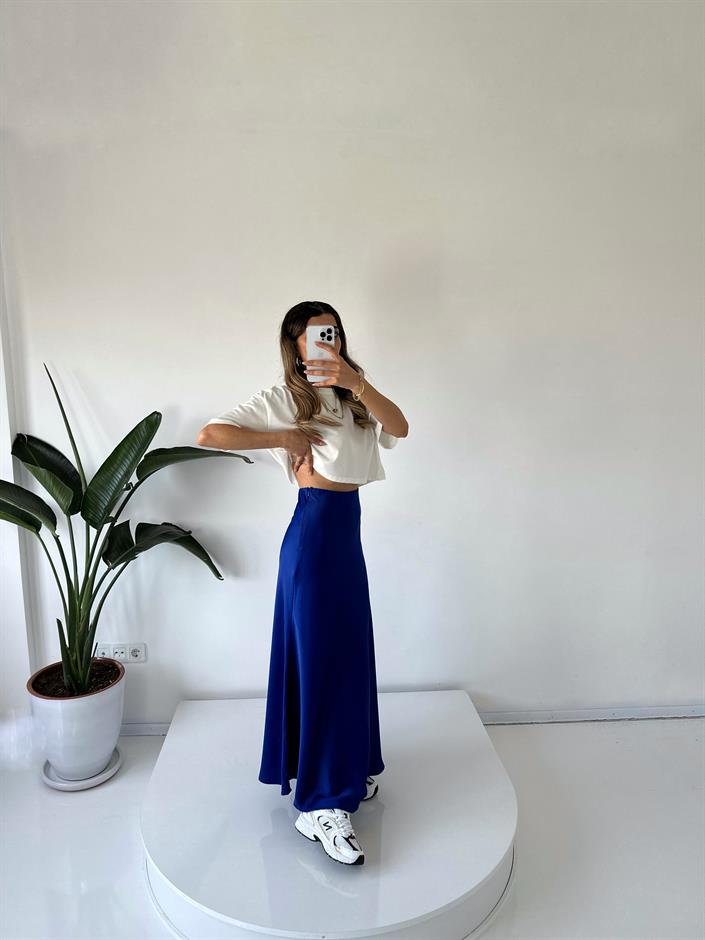 Vina Saks Mavi Saten Maxi Etek 