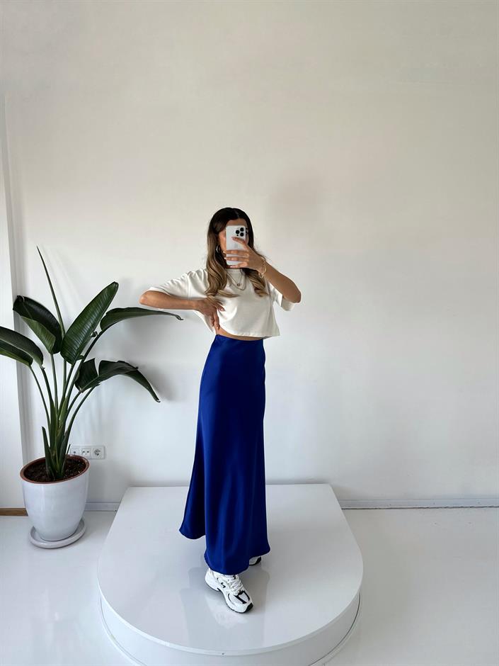 Vina Saks Mavi Saten Maxi Etek 