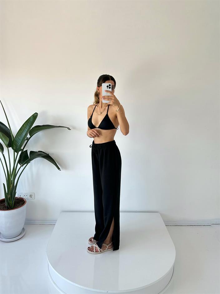 Violeta Siyah Yırtmaçlı Keten Pantolon