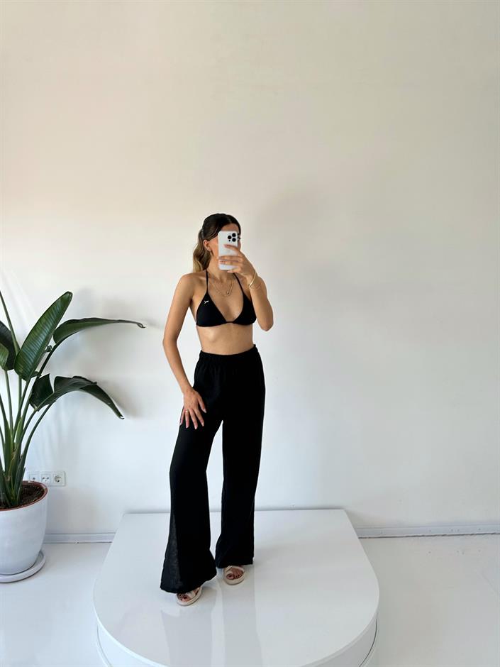 Violeta Siyah Yırtmaçlı Keten Pantolon