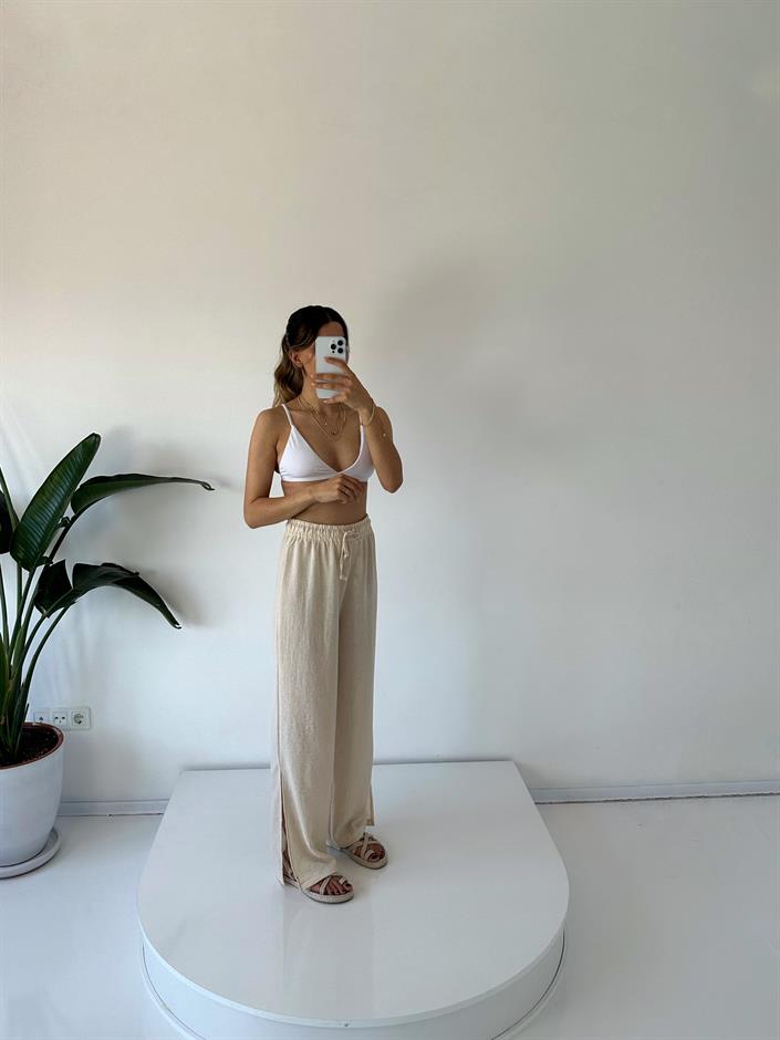 Violeta Taş Yırtmaçlı Keten Pantolon