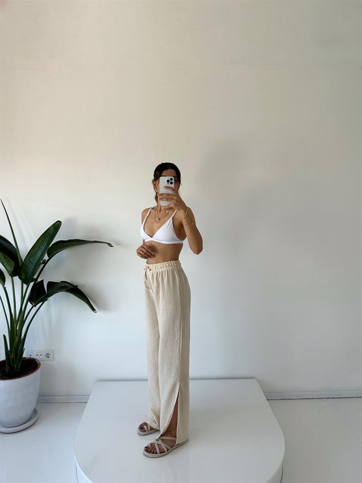 Violeta Taş Yırtmaçlı Keten Pantolon