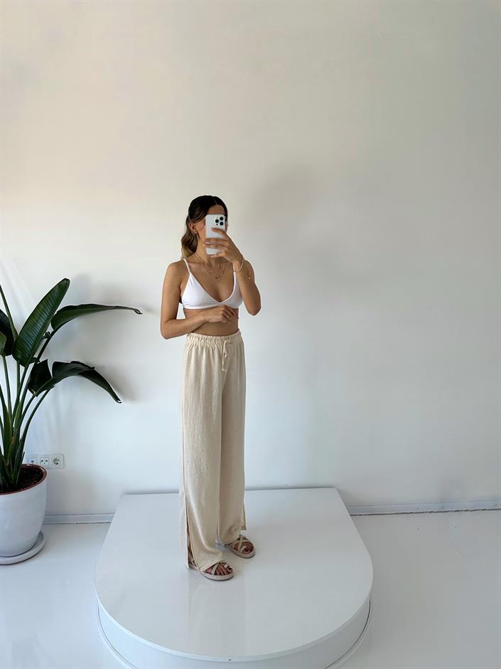 Violeta Taş Yırtmaçlı Keten Pantolon