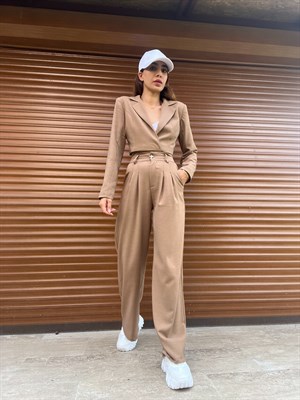 Vizon Keten Crop Blazer Pantolon İkili Takım