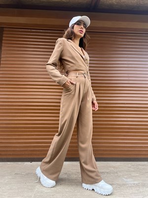 Vizon Keten Crop Blazer Pantolon İkili Takım