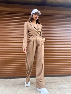 Vizon Keten Crop Blazer Pantolon İkili Takım