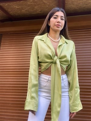 Yeşil Bağlamalı Saten Bluz