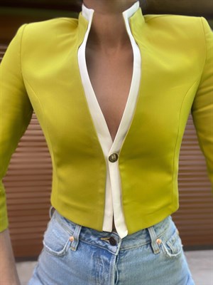 Yeşil Beyaz Yarım Kol Crop Hakim Yaka Blazer Ceket