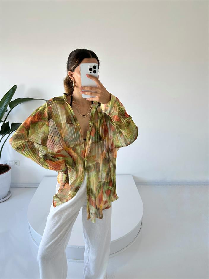 Yeşil Desenli Oversize Tül Gömlek 