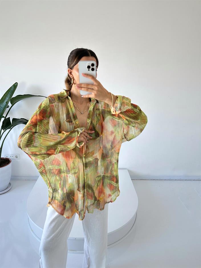 Yeşil Desenli Oversize Tül Gömlek 