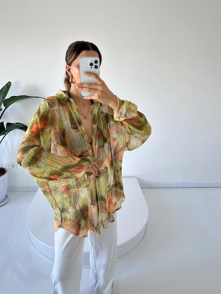 Yeşil Desenli Oversize Tül Gömlek 