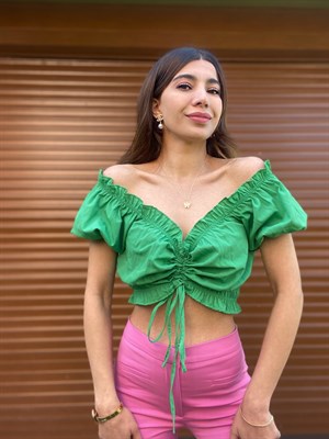 Yeşil Drapeli Balon Kol Crop