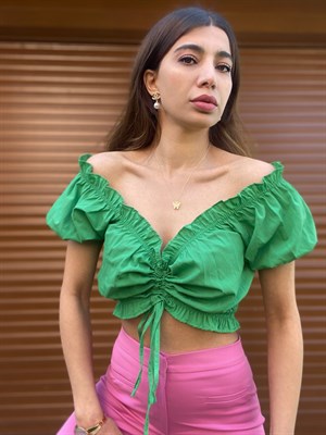 Yeşil Drapeli Balon Kol Crop