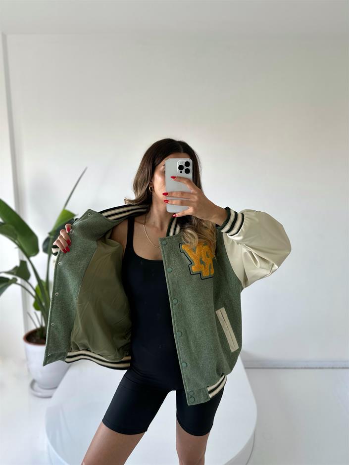 Yeşil Oversize Kaşe Bomber Ceket