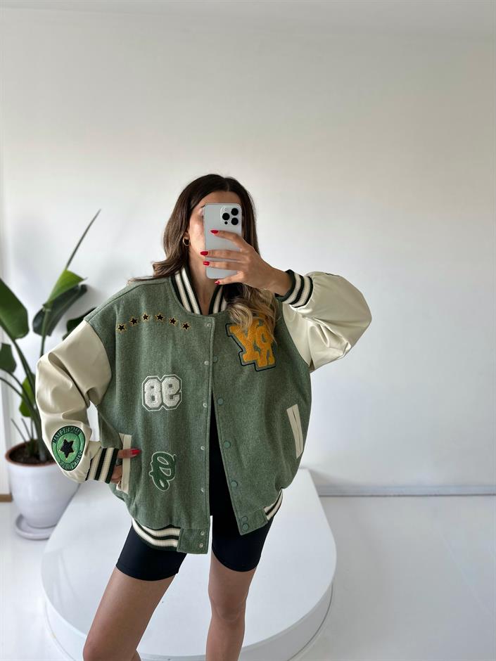 Yeşil Oversize Kaşe Bomber Ceket