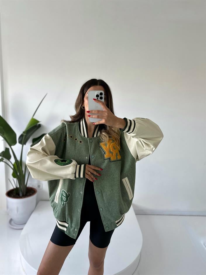 Yeşil Oversize Kaşe Bomber Ceket