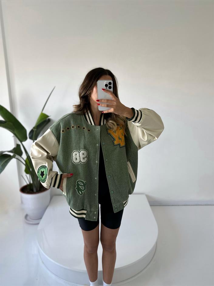 Yeşil Oversize Kaşe Bomber Ceket