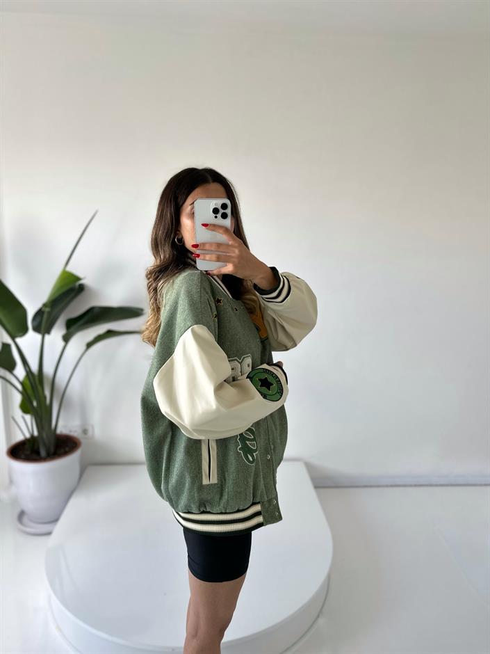 Yeşil Oversize Kaşe Bomber Ceket
