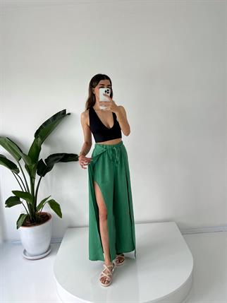 Yeşil Tin Keten Yırtmaçlı Bağlamalı Pantolon