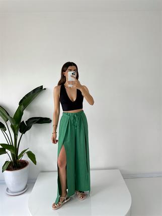 Yeşil Tin Keten Yırtmaçlı Bağlamalı Pantolon