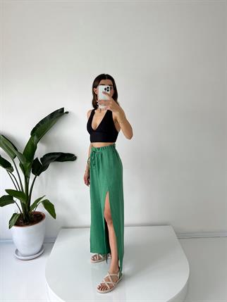 Yeşil Tin Keten Yırtmaçlı Bağlamalı Pantolon