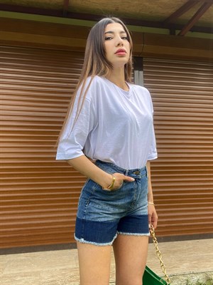 Yüksek Bel Blok Renk Denim Şort