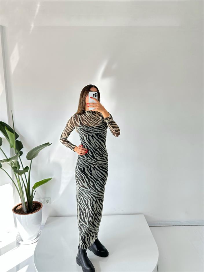 Zebra Desen Astarlı Tül Elbise 