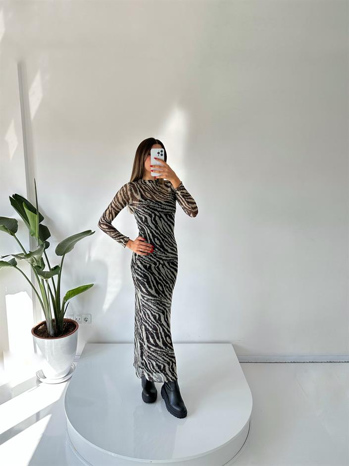 Zebra Desen Astarlı Tül Elbise 