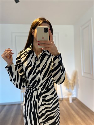 Zebra Desenli Drape Büzgülü Elbise