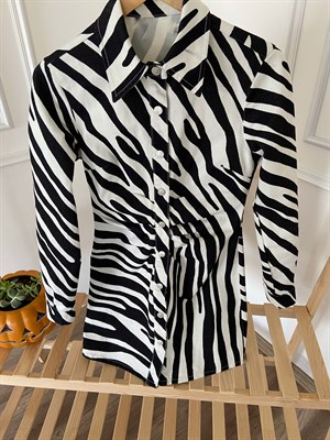 Zebra Desenli Drape Büzgülü Elbise