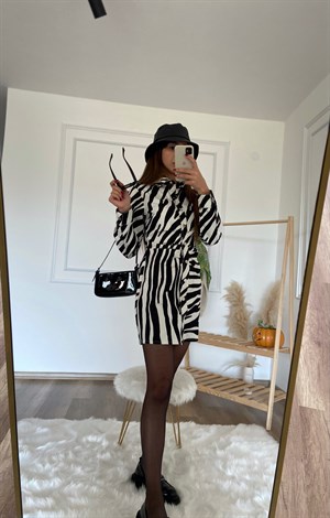 Zebra Desenli Drape Büzgülü Elbise