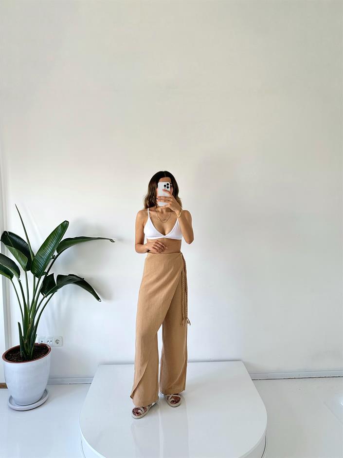 Zeria Camel Yandan Örgü Bağlamalı Keten Pantolon 