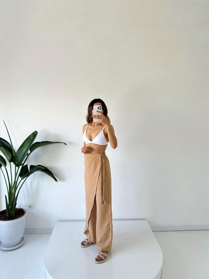 Zeria Camel Yandan Örgü Bağlamalı Keten Pantolon 