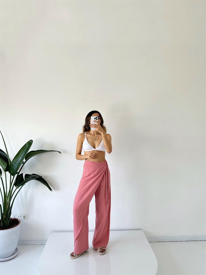 Zeria Gül Kurusu Yandan Örgü Bağlamalı Keten Pantolon