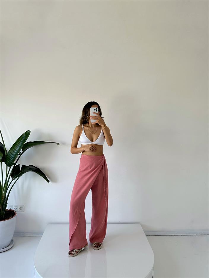 Zeria Gül Kurusu Yandan Örgü Bağlamalı Keten Pantolon