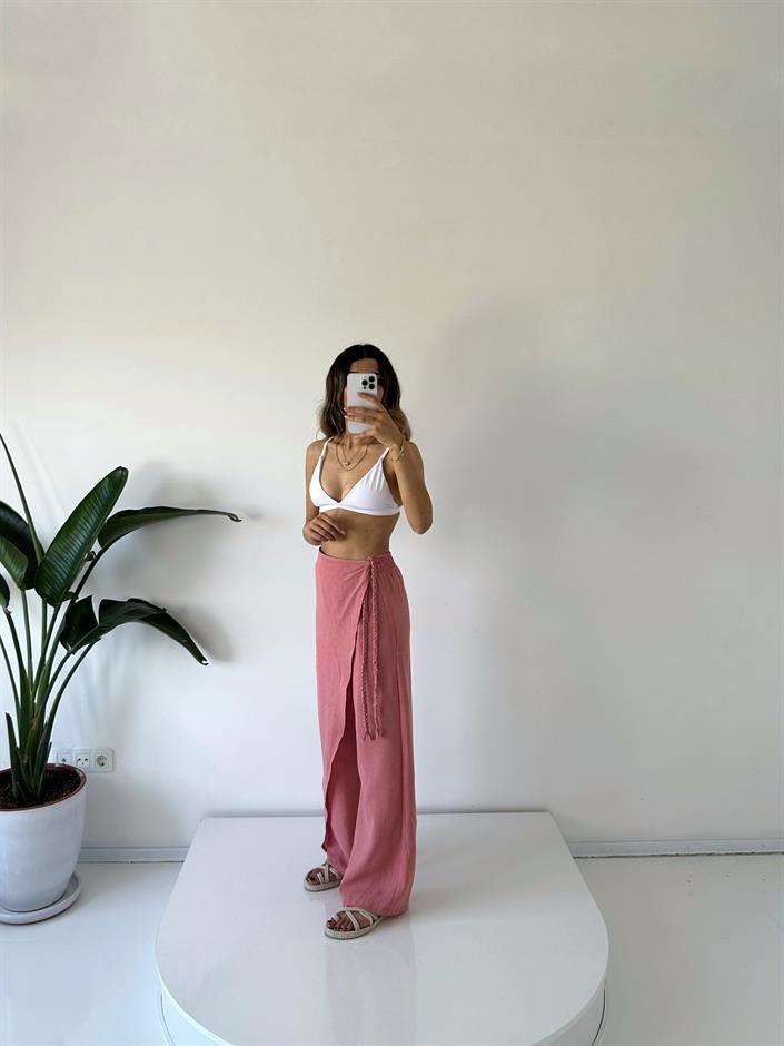 Zeria Gül Kurusu Yandan Örgü Bağlamalı Keten Pantolon