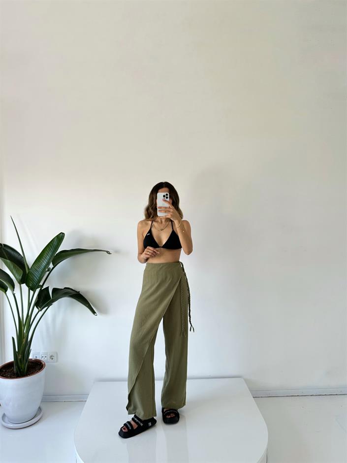 Zeria Haki Yandan Örgü Bağlamalı Keten Pantolon