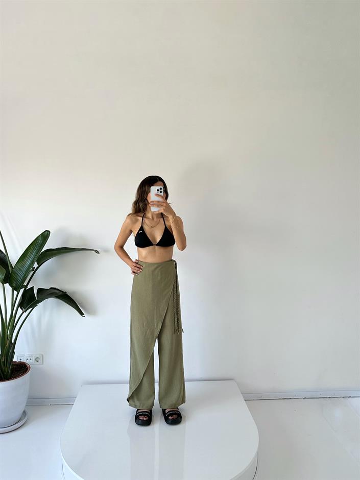 Zeria Haki Yandan Örgü Bağlamalı Keten Pantolon