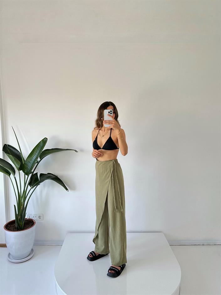 Zeria Haki Yandan Örgü Bağlamalı Keten Pantolon