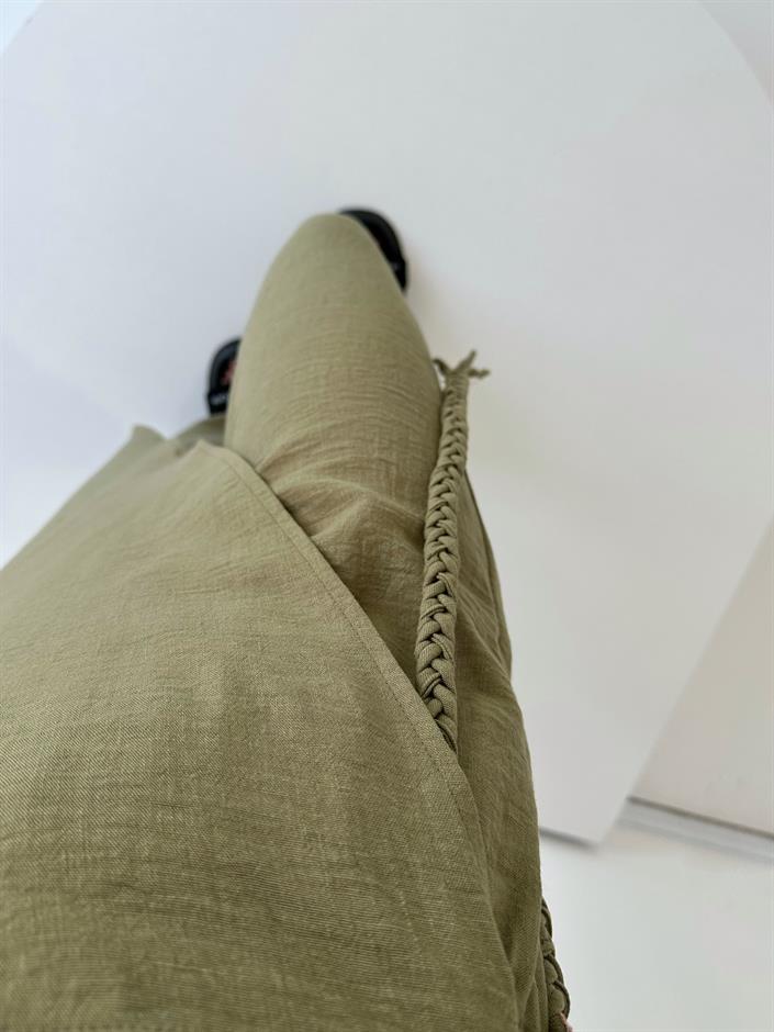 Zeria Haki Yandan Örgü Bağlamalı Keten Pantolon