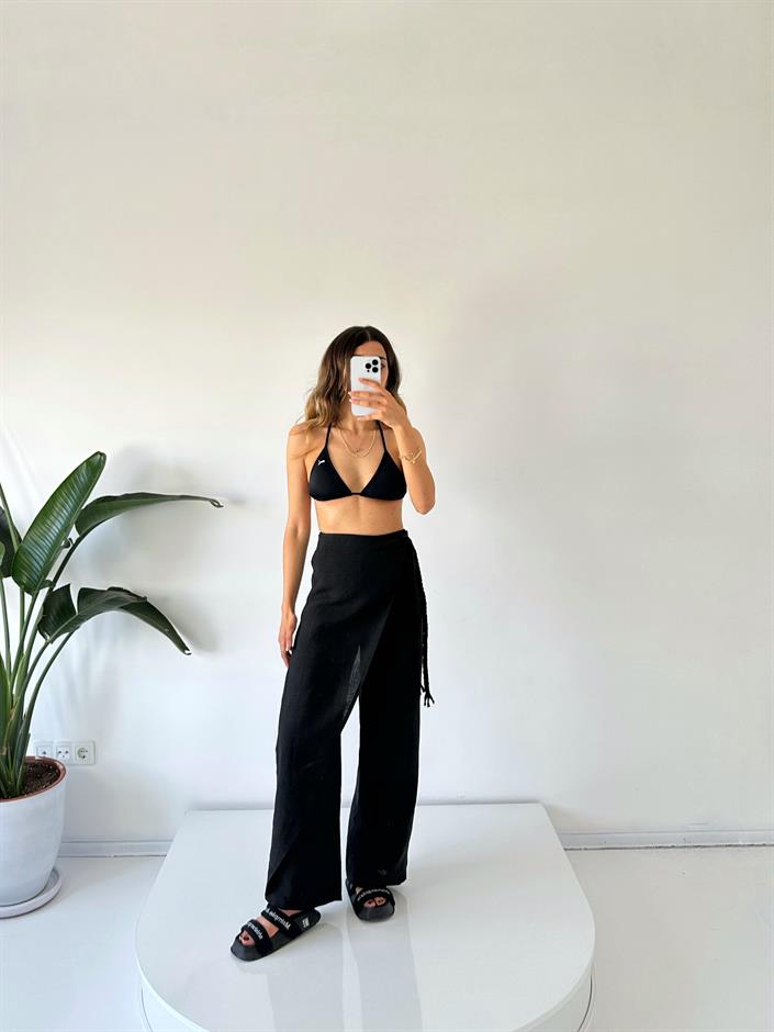 Zeria Siyah Yandan Örgü Bağlamalı Keten Pantolon