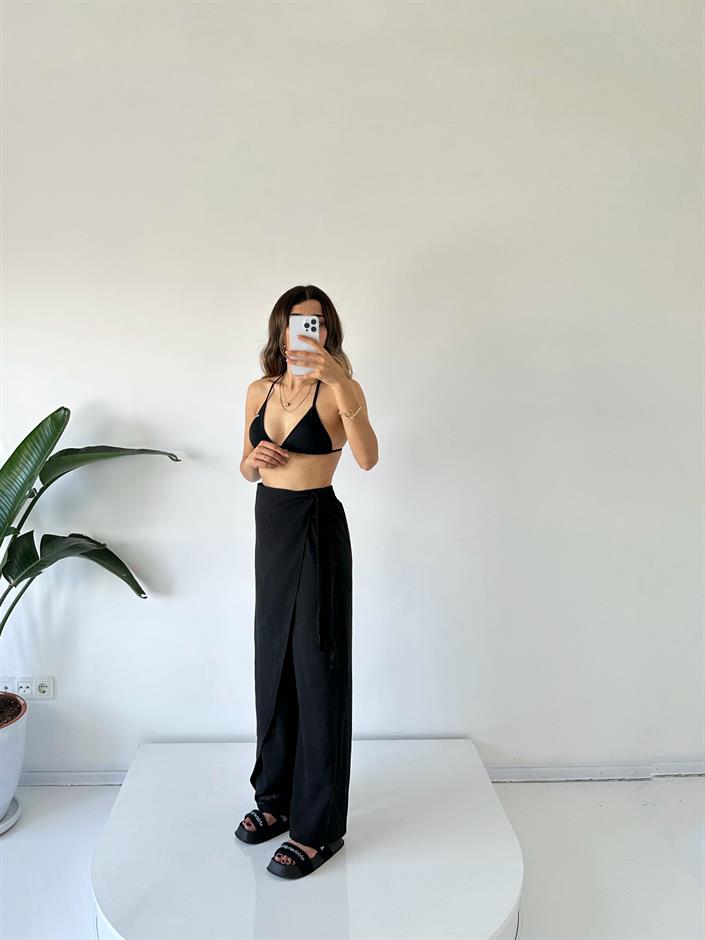 Zeria Siyah Yandan Örgü Bağlamalı Keten Pantolon