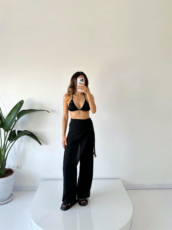 Zeria Siyah Yandan Örgü Bağlamalı Keten Pantolon