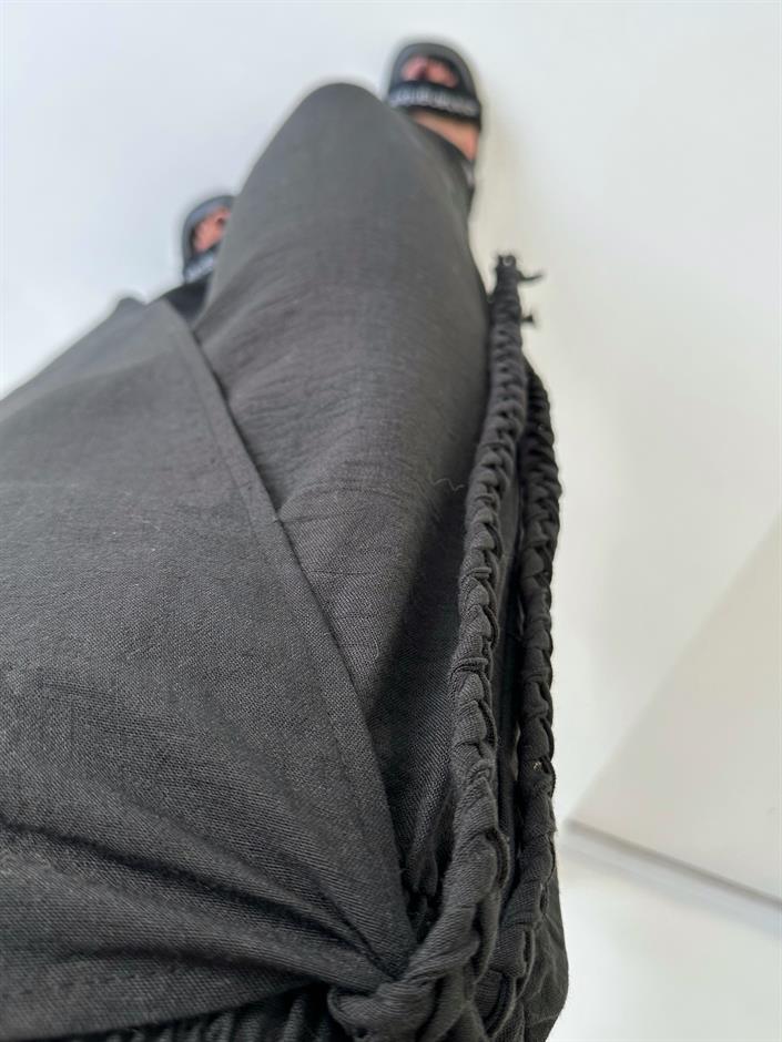 Zeria Siyah Yandan Örgü Bağlamalı Keten Pantolon